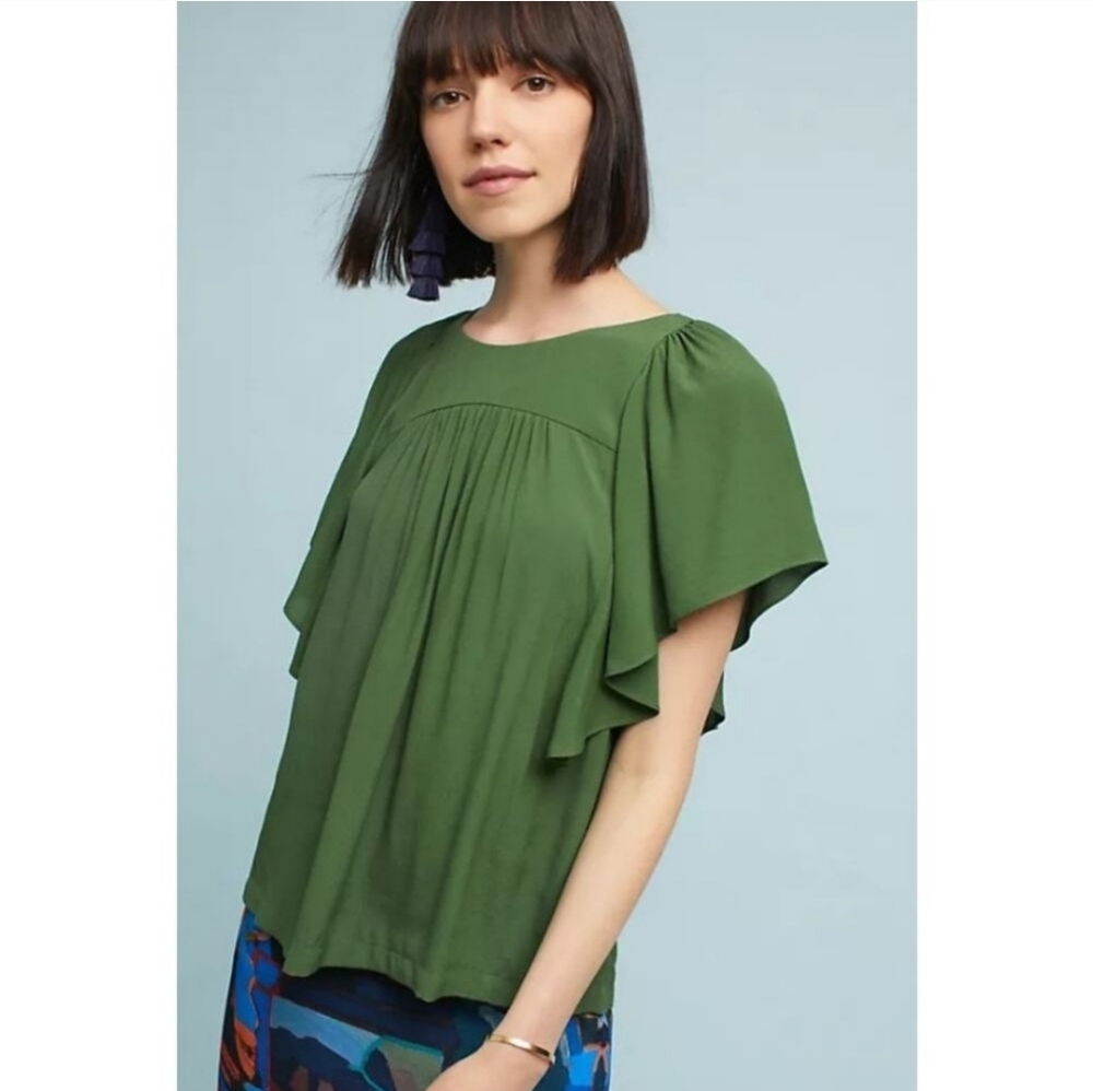 Anthropologie Maeve Prato Flutter Sleeve Top in Green Size Medium